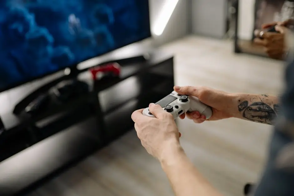 لاعب يستخدم يد تحكم PS5 أمام تلفاز حديث لتشغيل GTA 6
