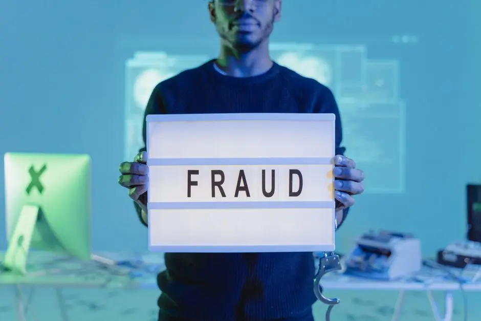 رجل يحمل لافتة Fraud تحذر من احتيال برامج التحكم عن بعد بالكمبيوتر