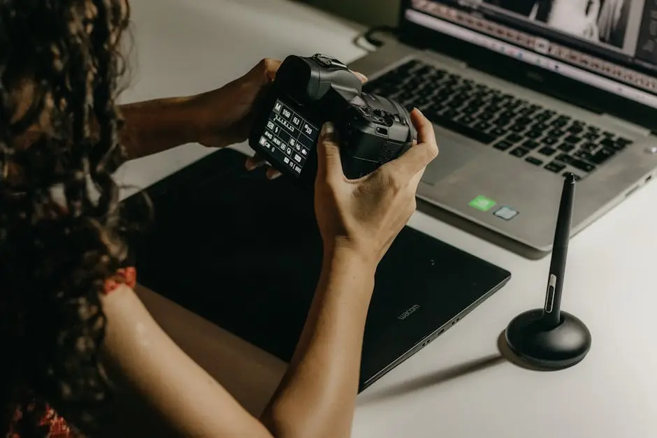 مصور محترف يعدل الصور على لاب توب مع كاميرا DSLR ضمن سير عمل Dropbox للتخزين السحابي