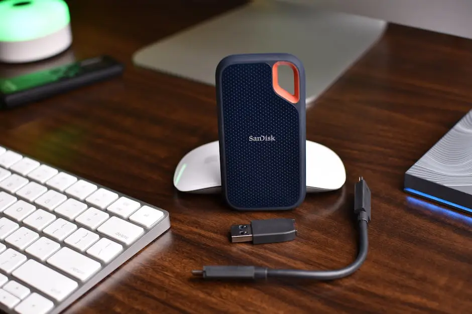 قرص SanDisk SSD محمول بجانب لوحة مفاتيح وكابلات على مكتب - كيف تختار افضل تخزين سحابي