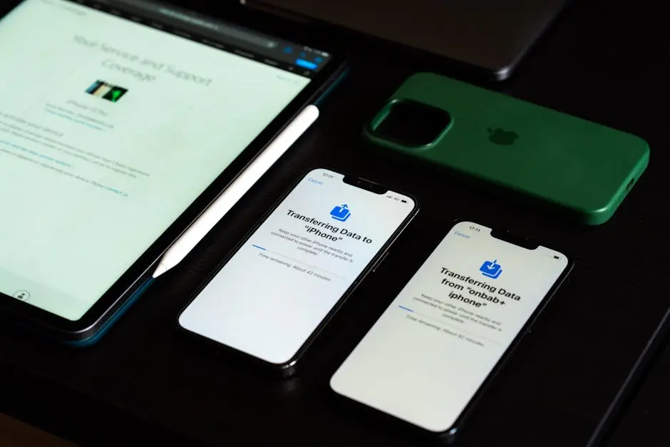 آيفون يعرض شاشة نقل البيانات وiPad وحافظة آيفون خضراء - تخزين سحابي iCloud+