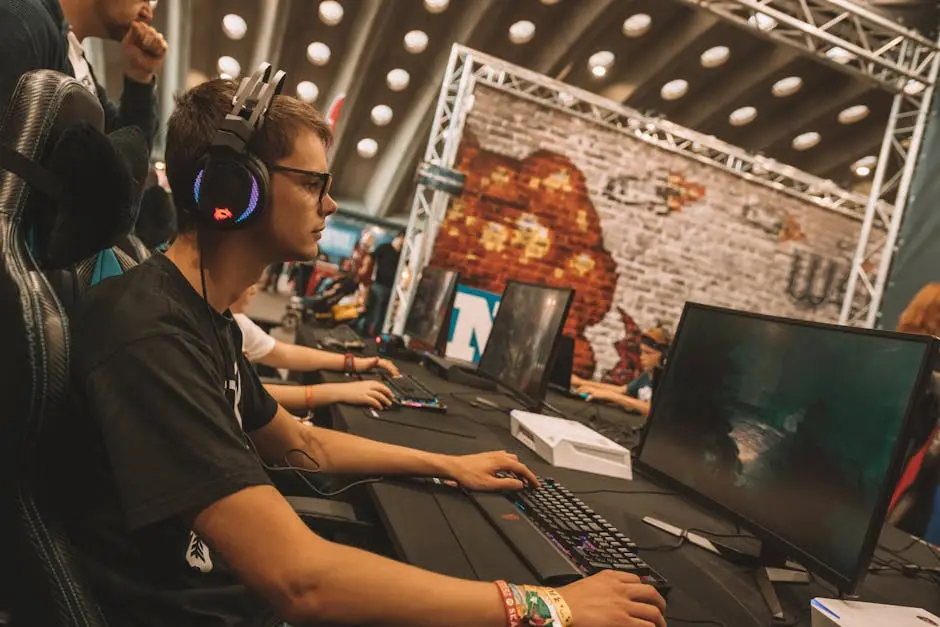 لاعب FPS تنافسي يرتدي سماعة قيمنج بإضاءة RGB في بطولة