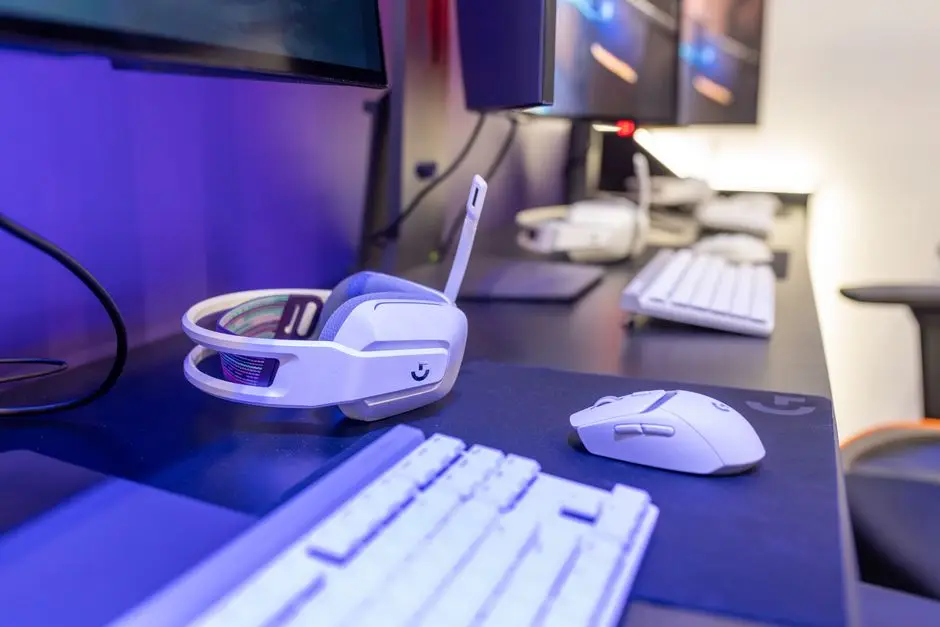 سماعة Logitech G بيضاء على مكتب ألعاب مع كيبورد وماوس