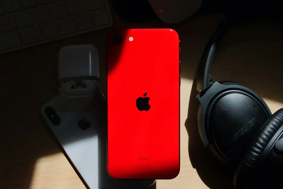 iPhone أحمر مع سماعات AirPods لتشغيل Apple Music في السعودية