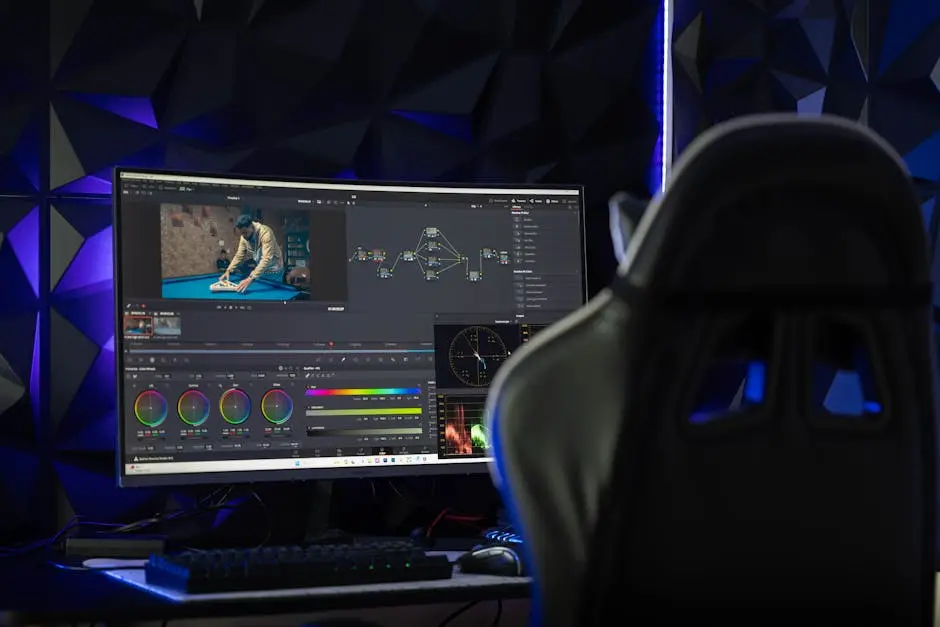 شاشة منحنية تعرض برنامج مونتاج فيديو لشرح ضغط الفيديو